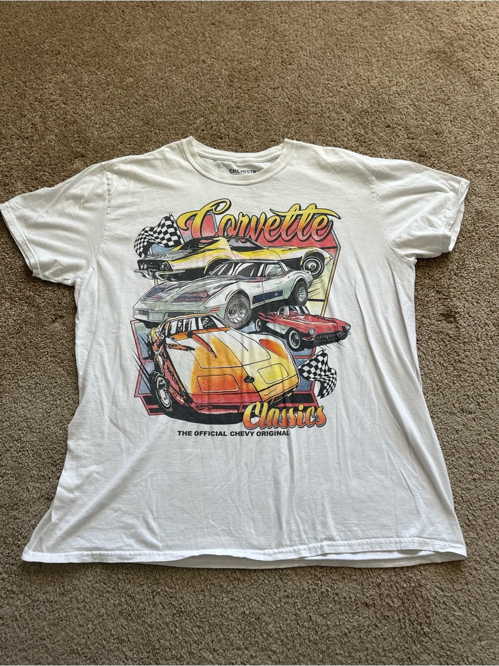 Chemistry White Corvette Classics Graphic Tee with Yellow and Red Accents